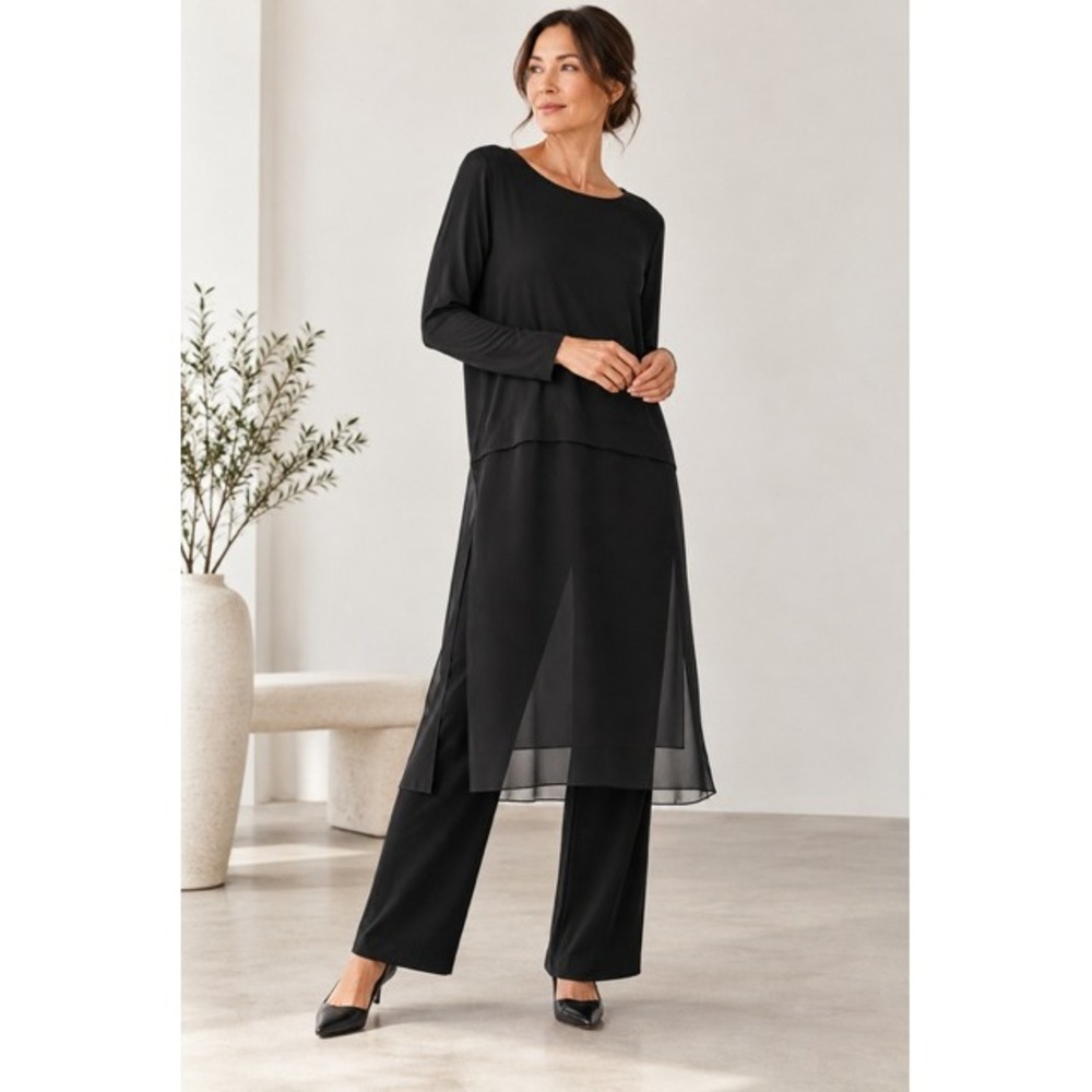 Eileen Fisher Silk Long Sleeve Chiffon Layered Duster Tunic Top Side Slits